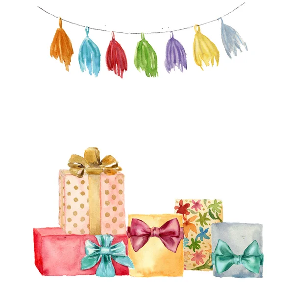 Watercolor greeting card. Hand painted illustration with tassel garland and birthday gifts set with bow isolated on white background. — Stock Photo, Image