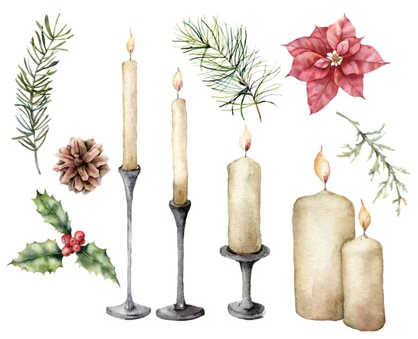 Akwarela Zestaw świąteczny ze świecami, kwiatami i gałęziami sosny. Ręcznie malowane szyszki sosnowe, poinsetia i Holly izolowane na białym tle. Ilustracja projektu, tkaniny, druku lub tła. — Zdjęcie stockowe