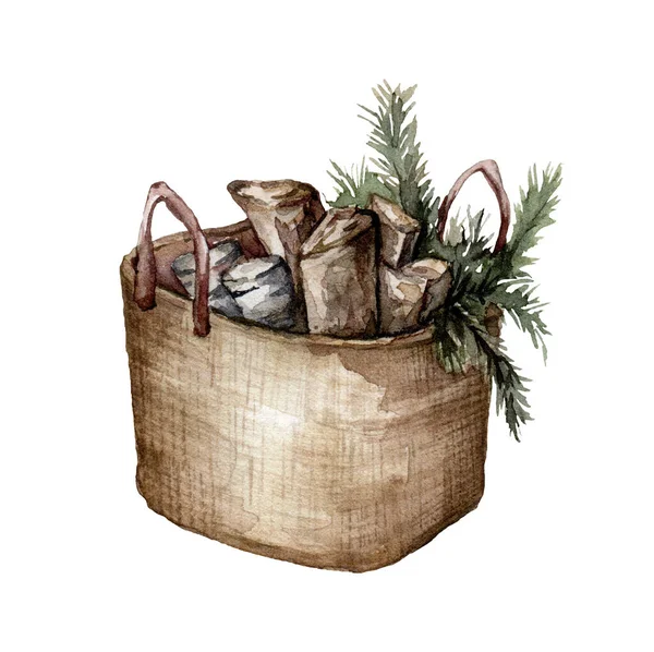 Aquarel kerstcompositie met mand, sparren takken en brandhout. Met de hand geschilderde winterkaart geïsoleerd op witte achtergrond. Illustratie voor ontwerp, bedrukking, stof of achtergrond. — Stockfoto