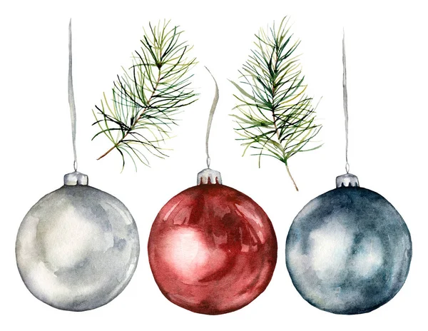 Juego de juguetes y ramas de árbol de Navidad de acuarela. Decoración de Año Nuevo pintada a mano aislada sobre fondo blanco. Ilustración de vacaciones para diseño, impresión, tela o fondo. — Foto de Stock