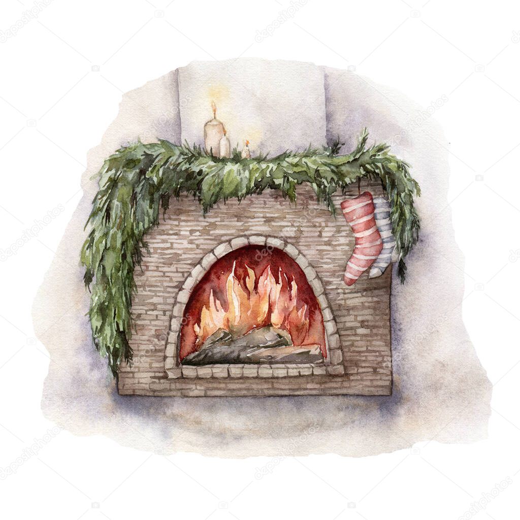 Watercolor Christmas card with fireplace and holiday socks. Hand painted winter illustration with fir branches isolated on white background. Holiday card for design, print, fabric or background.