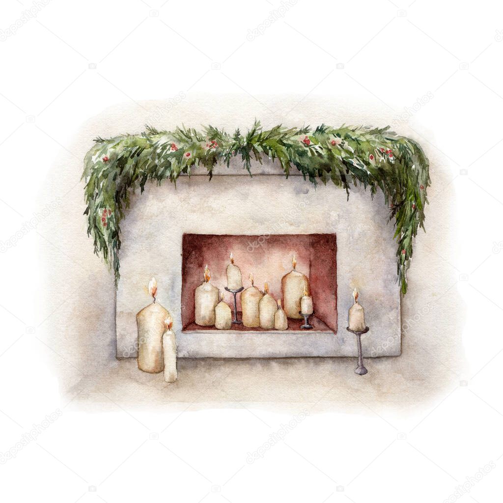 Watercolor Christmas card with fireplace and holiday candles. Hand painted winter illustration with fir branches isolated on white background. Holiday card for design, print, fabric or background.