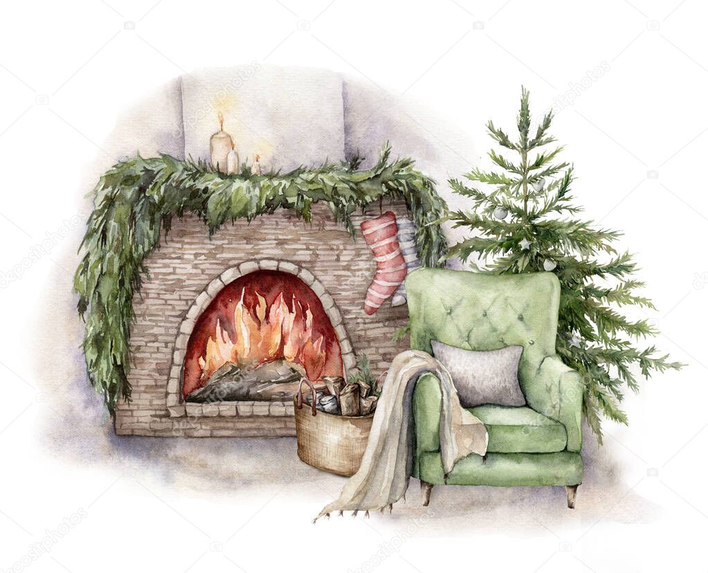 Watercolor winter card with fireplace, armchair and christmas tree. Hand painted holiday illustration with interior objects isolated on white background for design, print, fabric or background.