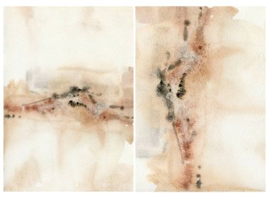 Sarı, bej, kırmızı ve pembe noktalı suluboya arkaplan. Beyaz arkaplanda el yapımı pastel çizimler var. Tasarım, baskı, kumaş veya arkaplan için.