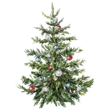 Oyuncaklı suluboya Noel ağacı. Elle boyanmış yeni yıl ağacı, beyaz arka planda izole edilmiş noel topu. Tasarım, baskı, kumaş veya arkaplan için tatil illüstrasyonu.