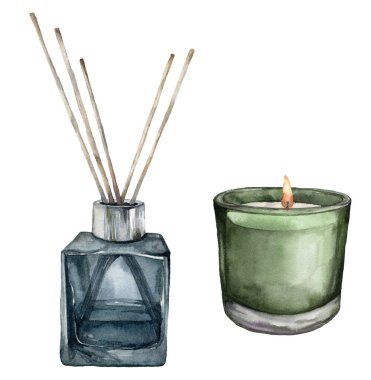 Suluboya Noel kokulu mum ve çubuklu aroma yayıcı. Beyaz arka planda el yapımı kış tatili illüstrasyonu. Tasarım, baskı, kumaş veya arkaplan için.