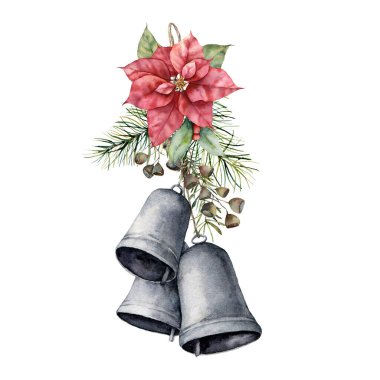 Kırmızı noktalı suluboya Noel buketi, çanlar ve çam iğnesi. El boyaması tatil çiçeği, yapraklar ve tohumlar beyaz arka planda izole edilmiş. Tasarım, yazdırma veya arkaplan çizimi.