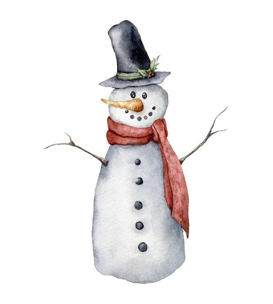 Akvarell snögubbe. Handmålade jul illustration med hatt, halsduk och morot isolerad på vit bakgrund. Semesterkort för design, tryck, tyg eller bakgrund. — Stockfoto