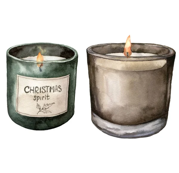 Watercolor Christmas scented candles. Hand painted winter holiday illustration with green and brown sparkling candles isolated on white background. For design, print, fabric or background.