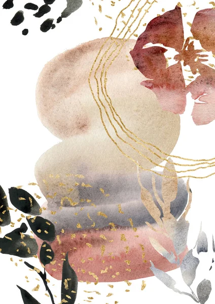 Aquarel abstracte poster met zwarte, rode, beige en gouden vlekken. Met de hand geschilderde pastel illustratie geïsoleerd op witte achtergrond. Voor ontwerp, bedrukking, stof of ondergrond. — Stockfoto