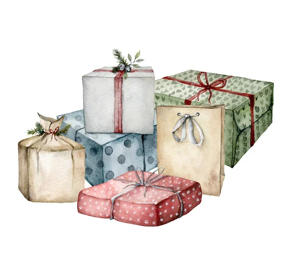 Watercolor Christmas composition with gift boxes and package. Hand painted card with colorful boxes with bows isolated on white background. Holiday illustration for design, print, fabric, background.