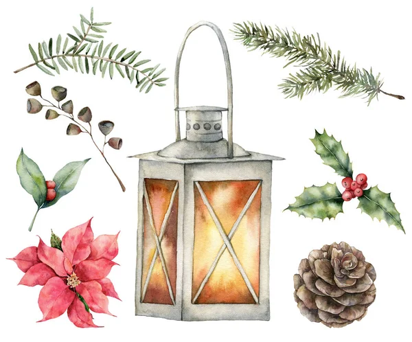 따오기, 침엽수 가지, 솔방울, 열매, 구멍이 있는 크리스마스 세트. 손은 흰 배경에 독립 된 휴일 상징을 그렸다. 디자인이나 인쇄를 위한 계절적 인 유행 삽화. — 스톡 사진