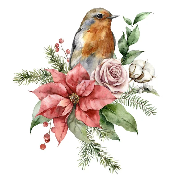 Aquarel Kerst boeket met roodborstje, poinsettia, rozen en sparren takken. Met de hand geschilderde vakantiekaart met bloemen geïsoleerd op witte achtergrond. Illustratie voor ontwerp, druk, achtergrond. — Stockfoto