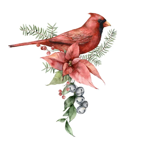Buket Natal berwarna air dengan burung kardinal, busur merah, lonceng dan jarum pinus. Tangan dicat libur jingle bell terisolasi pada latar belakang putih. Ilustrasi untuk desain, cetak, kain atau latar belakang. — Stok Foto
