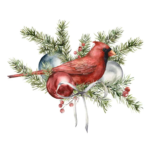 Akvarell julkort med kardinal fågel, båge, leksaker och tall nål. Handmålade semester fågel och bollar isolerade på vit bakgrund. Illustration för design, tryck eller bakgrund. — Stockfoto