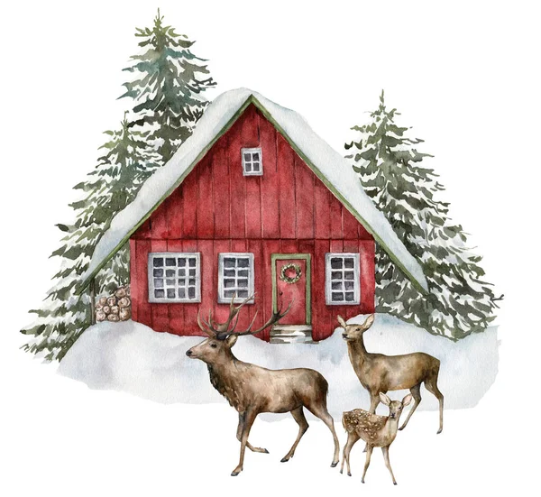 Akwarelowa kartka świąteczna z czerwonym domkiem i jeleniem w zimowym lesie. Ręcznie malowana ilustracja z jodłami i śniegiem odizolowanym na białym tle. Kartka świąteczna do projektowania, druku, tkaniny, tła. — Zdjęcie stockowe