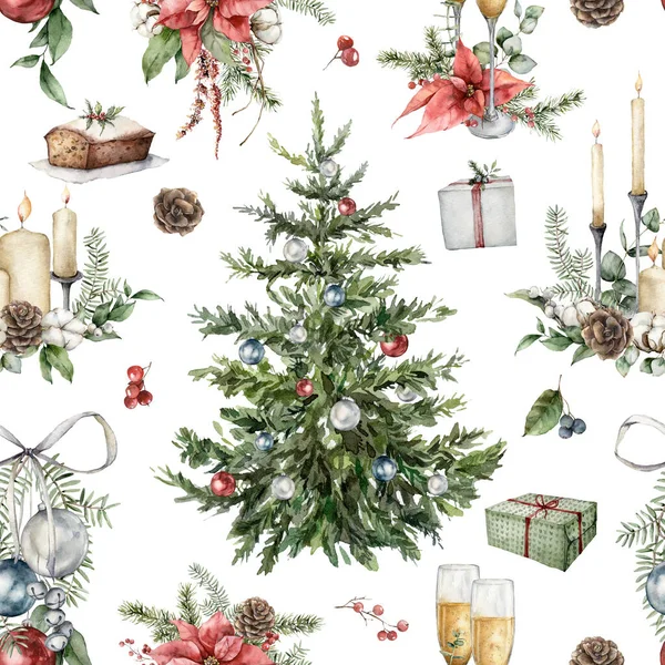 Aquarelle motif sans couture de Noël avec arbre de Noël, boîtes-cadeaux, bougies et poinsettia. Objets de vacances peints à la main isolés sur fond blanc. Illustration pour la conception, l'impression ou le fond. — Photo