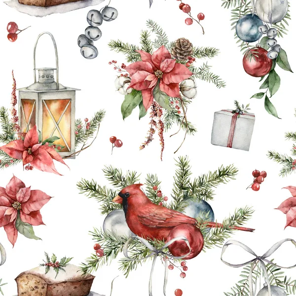 Watercolor Christmas seamless pattern with cardinal bird, lantern, poinsettia, cake and fir branches. Hand painted holiday illustration isolated on white background. For design, print, background. — Stock Photo, Image