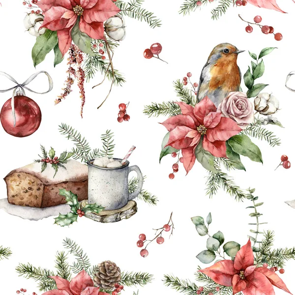 Akwarela Christmas bezszwowy wzór z rubinem, poinsettia, róże, ciasto, filiżanka i gałązki jodły. Ręcznie malowane ilustracja wakacje izolowane na białym tle. Do projektowania, drukowania, tła. — Zdjęcie stockowe