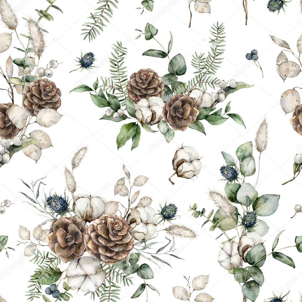 Watercolor Christmas seamless pattern with fir branches, eucalyptus, lagurus, blue Thistle and cotton. Hand painted holiday illustration isolated on white background. For design, print or background.