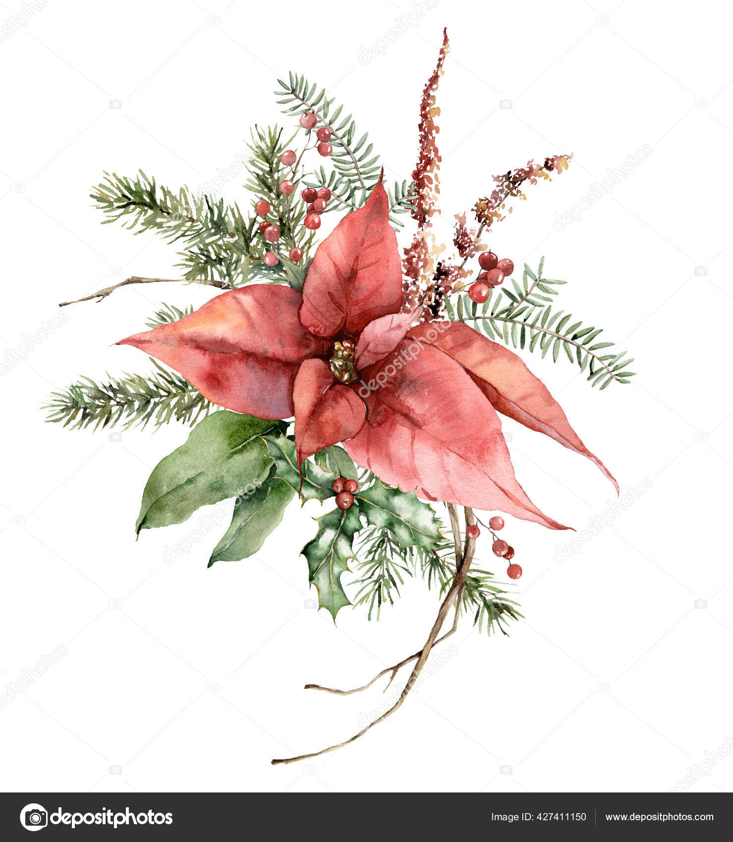 Watercolor Winter Christmas Bouquet Stock Illustration - Download Image Now  - Christmas, Lush Foliage, Poinsettia - iStock