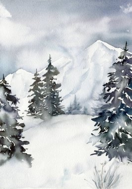 Orman ve dağlarla suluboya Noel minimalist kartı. El boyaması köknar ağaçları ve beyaz arka planda izole edilmiş kar çizimleri. Tasarım, baskı, kumaş, arkaplan için tatil illüstrasyonu.