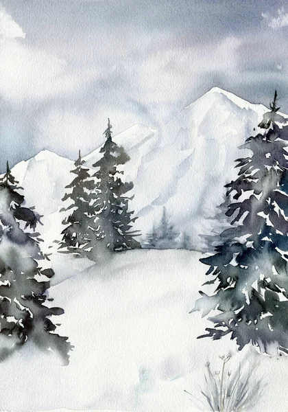 Carte minimaliste de Noël aquarelle avec forêt et montagnes. Sapins peints à la main et illustration de neige isolés sur fond blanc. Illustration de vacances pour le design, impression, tissu, fond. — Photo