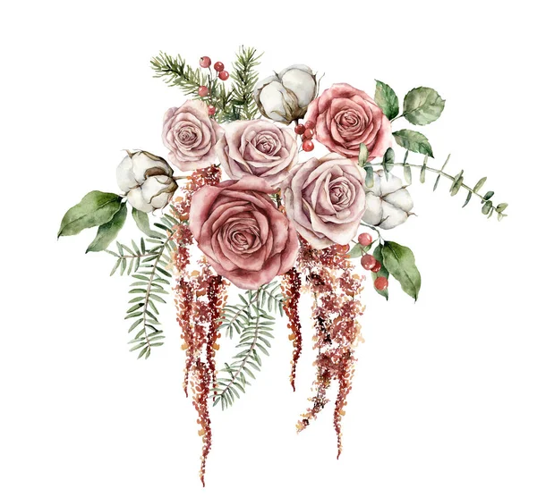 Αδιάβροχο Χριστουγεννιάτικο μπουκέτο με ροζ τριαντάφυλλα, βαμβακερά κλαδιά και έλατα. Χειροποίητη κάρτα διακοπών με λουλούδια και φύλλα που απομονώνονται σε λευκό φόντο. Εικονογράφηση για σχεδιασμό, εκτύπωση ή φόντο. — Φωτογραφία Αρχείου