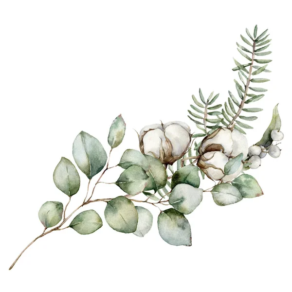 Okaliptüs dalları, pamuk çiçekleri ve böğürtlenli suluboya Noel buketi. Beyaz arka planda elle boyanmış tatil kartı. Tasarım, baskı, kumaş veya arkaplan çizimi.