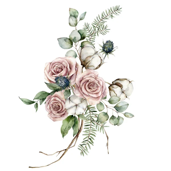 Akwarela Świąteczny bukiet kwiatów z różowymi różami, bawełną, niebieskim ostem i eukaliptusem. Ręcznie malowane karty wakacyjne izolowane na białym tle. Ilustracja projektu, druku lub tła. — Zdjęcie stockowe