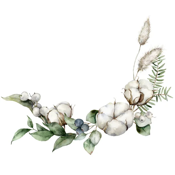 Υδατογραφία Χριστουγεννιάτικο μπουκέτο από αποξηραμένα λουλούδια με ευκάλυπτο, λαγκούρο, μούρα και βαμβάκι. Ζωγραφισμένη στο χέρι κάρτα διακοπών απομονωμένη σε λευκό φόντο. Εικονογράφηση για σχεδιασμό, εκτύπωση ή φόντο. — Φωτογραφία Αρχείου