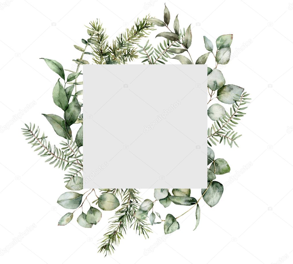 Watercolor Christmas frame with fir and eucalyptus branches. Hand painted holiday plants isolated on white background. Floral illustration for design, print, fabric or background.
