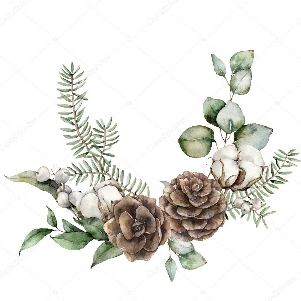 Watercolor Christmas card with pine cones, eucalyptus leaves, fir branches and cotton flowers. Hand painted holiday illustration isolated on white background. For design, print, fabric or background.