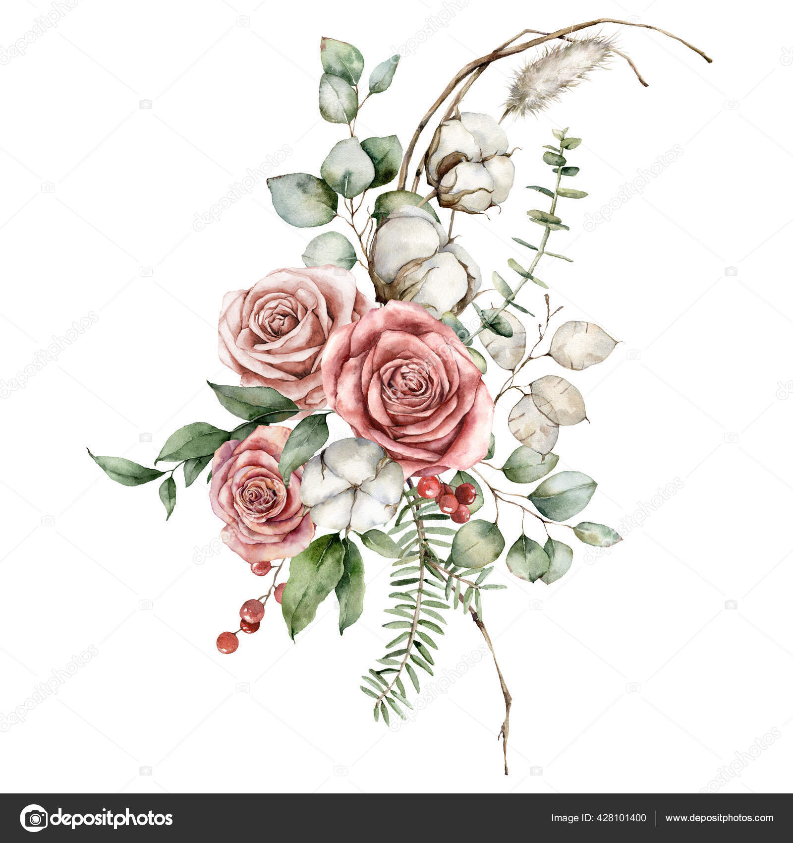Watercolor Floral Bouquet with Roses and Eucalyptus Stock