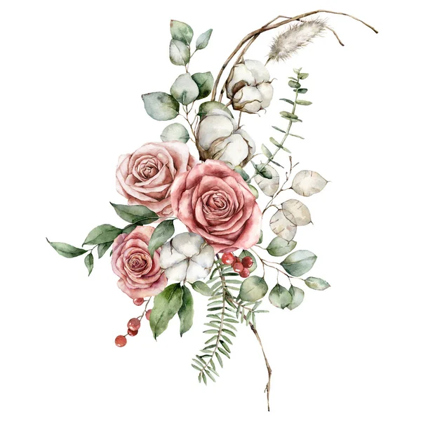 水彩ユーカリ、ラグルス、ピンクのバラと綿とドライフラワーのクリスマス花束。手描きの休日カードは白い背景に隔離された。デザイン、プリント、背景のイラスト. — ストック写真