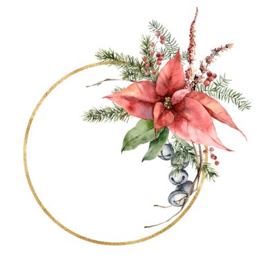 Puantiyeli suluboya Noel çerçevesi, çanlar, kuru dallar ve köknar iğneleri. Beyaz arka planda izole edilmiş çiçekli el boyalı tatil kartı. Tasarım, baskı, arkaplan.