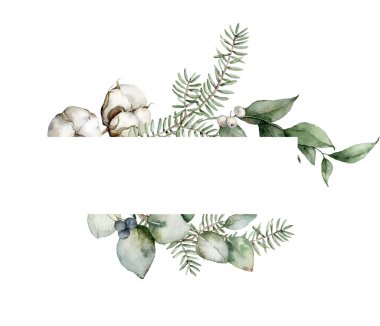 Ağaç boyası, Noel asimetrik çerçevesi, köknar, okaliptüs dalları ve böğürtlen. Beyaz arka planda el boyaması tatil bitkileri. Tasarım, baskı, kumaş veya arkaplan için çiçek çizimi.