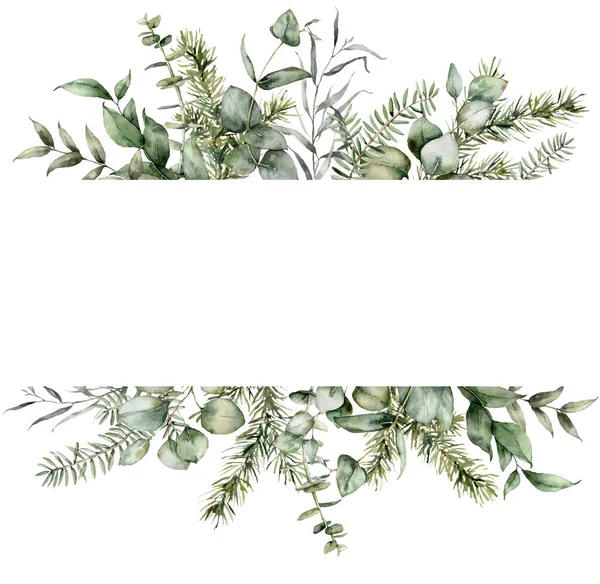 Akvarell jul gräns med gran och eukalyptus grenar. Handmålade semesterväxter isolerade på vit bakgrund. Blommig illustration för design, tryck, tyg eller bakgrund. — Stockfoto