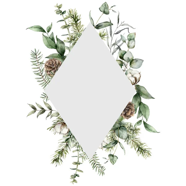 松のコーン、綿、モミやユーカリの枝と水彩クリスマスフレーム。白い背景に隔離された手描きの休日の植物。デザイン、プリント、ファブリックまたは背景のための花のイラスト. — ストック写真