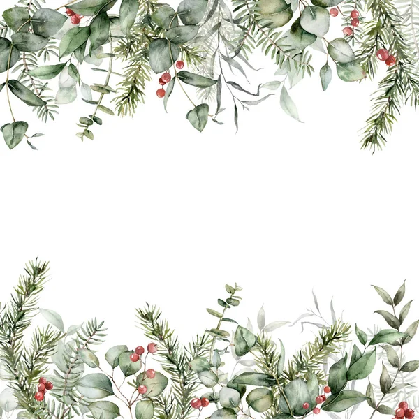 Aquarell Weihnachtskarte mit Beeren, Tannen- und Eukalyptuszweigen. Handgemalte Urlaubspflanzen isoliert auf weißem Hintergrund. Florale Illustration für Design, Druck, Stoff oder Hintergrund. — Stockfoto