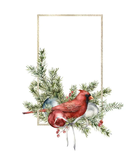 Marco de oro de Navidad acuarela con pájaro cardinal, arco, juguetes y aguja de pino. Pintado a mano pájaro de vacaciones y bolas aisladas sobre fondo blanco. Ilustración para diseño, impresión, interior o fondo. —  Fotos de Stock