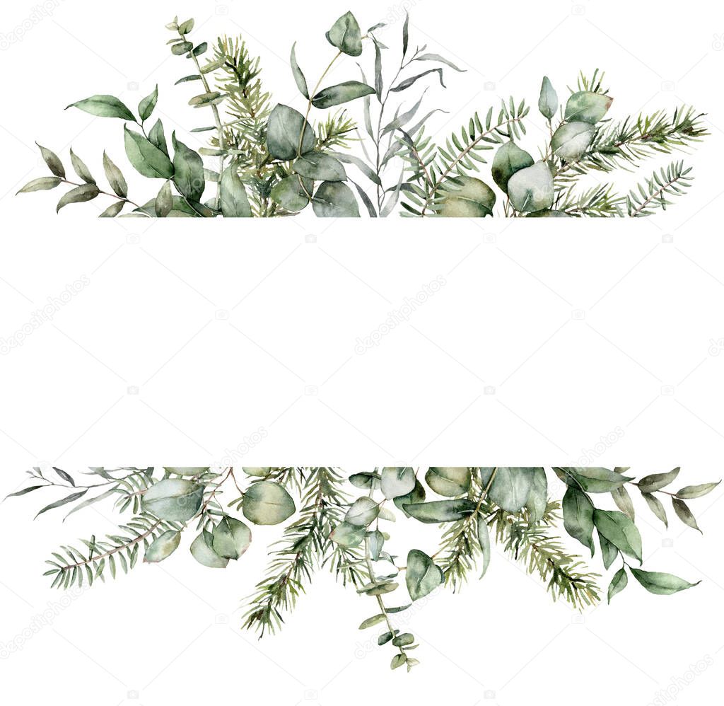 Watercolor Christmas border with fir and eucalyptus branches. Hand painted holiday plants isolated on white background. Floral illustration for design, print, fabric or background.