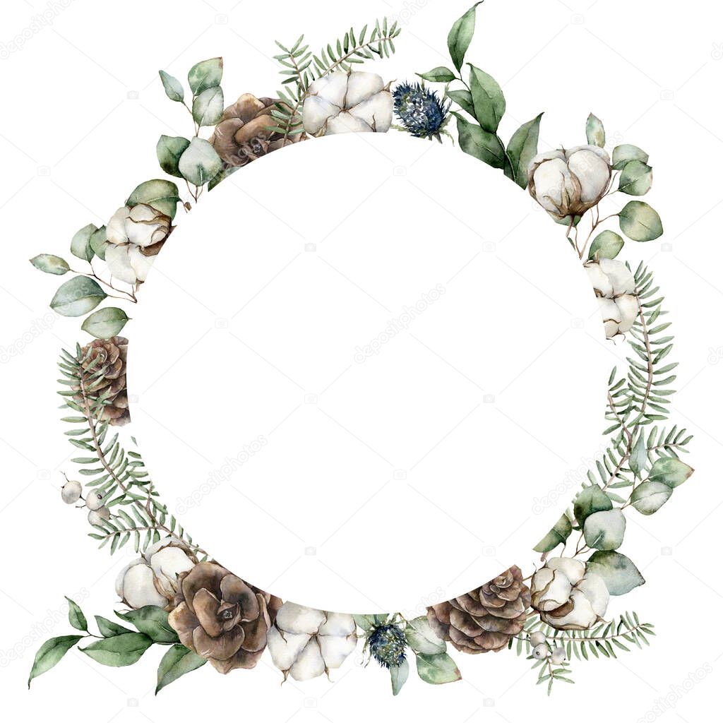 Watercolor Christmas circle frame with pine cones, eucalyptus leaves, fir branches and cotton flowers. Hand painted holiday illustration isolated on white background. For design, print or background.