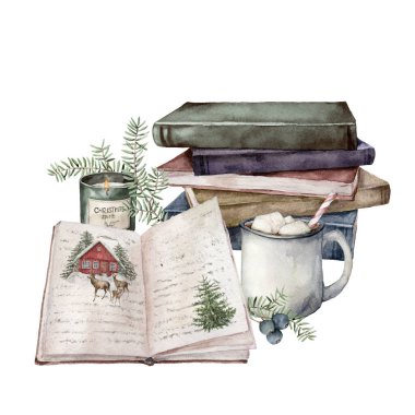 Bir fincan kakao, mum, kitaplar ve köknar dallarıyla suluboya Noel kompozisyonu. Beyaz arka planda elle boyanmış tatil kartı. Tasarım, baskı, kumaş veya arkaplan çizimi.