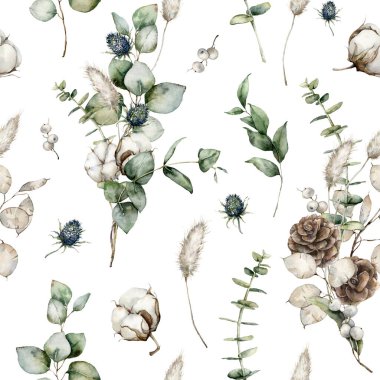 Okaliptüslü suluboya Noel deseni, köknar dalları, lagurular, mavi devedikeni ve pamuk. Beyaz arka planda elle boyanmış tatil illüstrasyonu. Tasarım, yazdırma veya arkaplan.