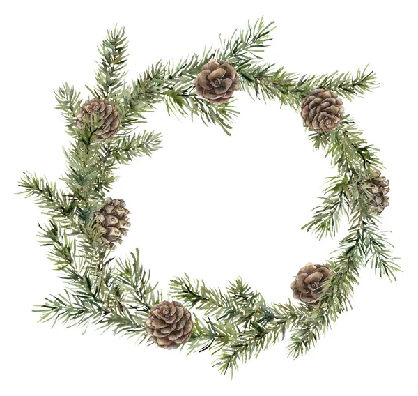 Couronne de Noël aquarelle avec branches de sapin et cônes de pin. Cadre de vacances peint à la main avec des plantes isolées sur fond blanc. Illustration florale pour design, impression, tissu ou fond. — Photo