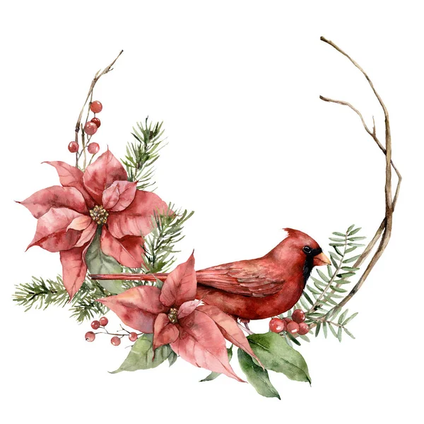 Watercolor Christmas wreath with cardinal bird, poinsettia and fir branches. Hand painted holiday card with flowers isolated on white background. Illustration for design, print, fabric or background.