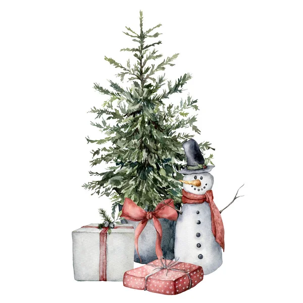 Biglietto natalizio ad acquerello con interior design. Illustrazione di festa dipinta a mano con albero di Natale, scatole regalo e pupazzo di neve isolato su sfondo bianco. Per design, stampa, tessuto o sfondo. — Foto Stock