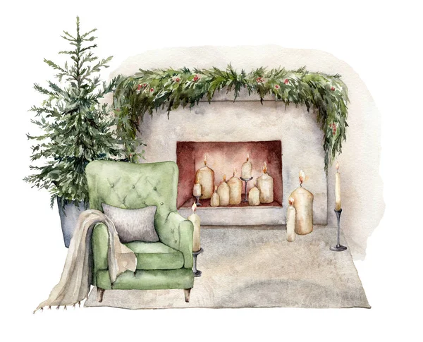 Aquarell Winterkarte mit Sessel, Kamin, Teppich und Weihnachtsbaum. Handgemalte Feiertagsillustration mit Innenobjekten isoliert auf weißem Hintergrund für Design, Druck oder Hintergrund. — Stockfoto