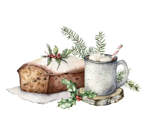 Watercolor Christmas card with cake, cocoa and fir branch. Hand painted winter composition with berries and leaves isolated on white background. Holiday trendy illustration for design or print. — Stock Photo, Image